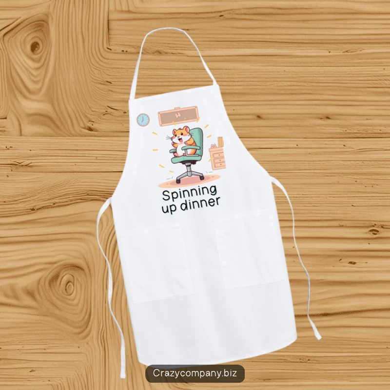 Funny apron featuring a frantic hamster spinning wildly on an oversized office chair, adding dynamic fun to kitchen tasks.