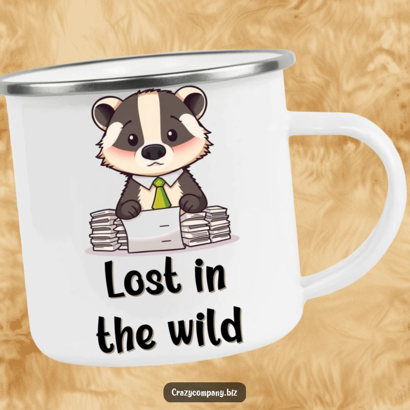 Funny camping mug featuring a bewildered badger in a crooked tie, facing a daunting stack of paperwork.