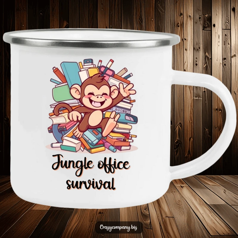 Funny, durable camping mug featuring a chattering monkey with mischievous grin, leaping through office supplies, ready for outdoor chaos.