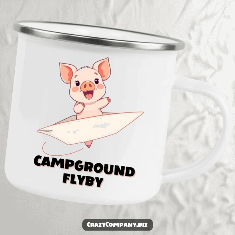 Funny camping mug showing a cheerful piglet riding a large, wobbly paper airplane on an adventure.