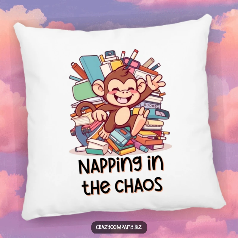 Funny, soft pillow featuring a chattering monkey with a mischievous grin, leaping through oversized office supplies, offering cozy, chaotic comfort.