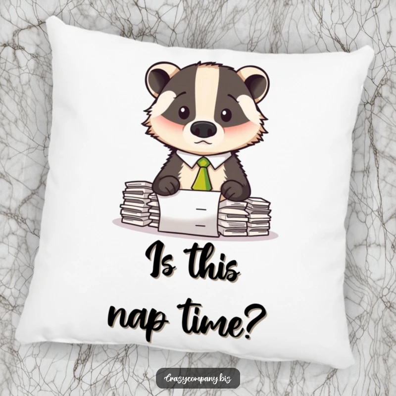 Funny throw pillow with a print of a bewildered badger wearing a tie, looking stressed by endless paperwork.