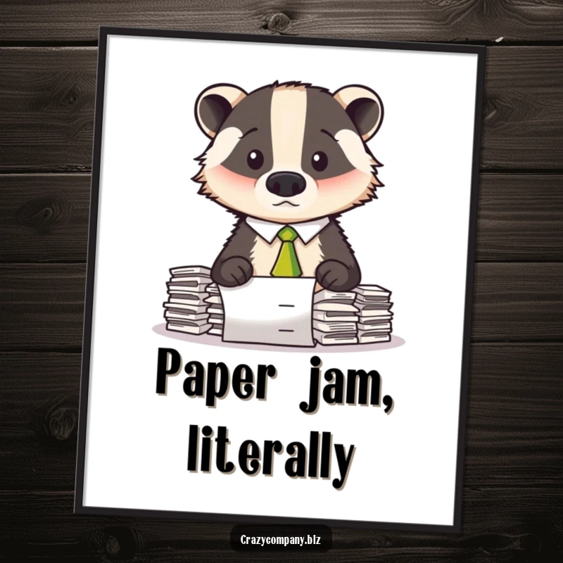 Funny digital art print showing a confused badger in a crooked tie, overwhelmed by a huge stack of papers.