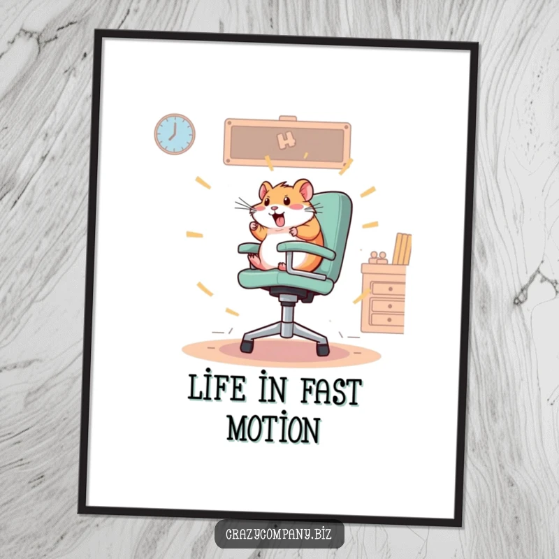 Funny digital art print of a frantic hamster spinning wildly on an oversized office chair, perfect for energetic wall art.