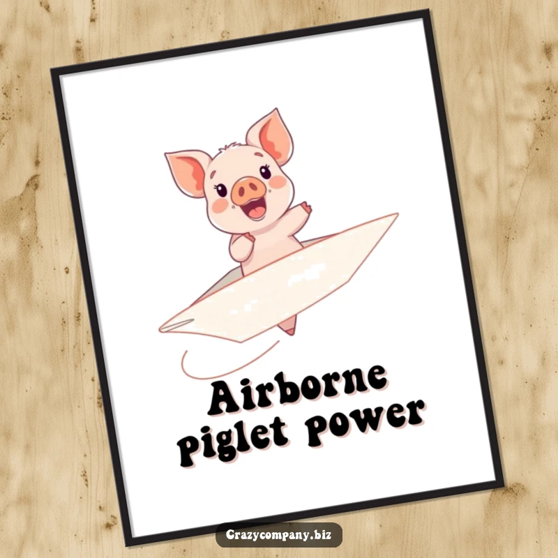 Funny digital art print of a gleeful piglet joyfully riding a giant, unstable paper airplane.