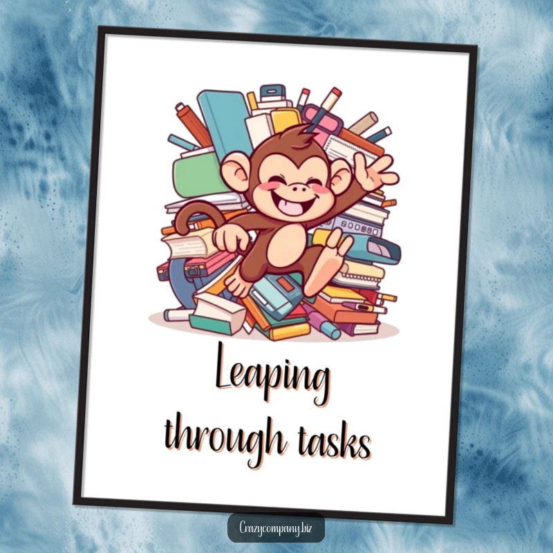 Funny digital art print of a chattering monkey with a mischievous grin leaping through oversized office supplies, perfect for wild wall art.