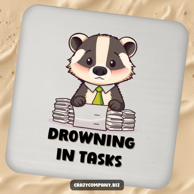 Funny drink coaster featuring a confused badger wearing a tie, looking stressed by a large pile of paperwork.