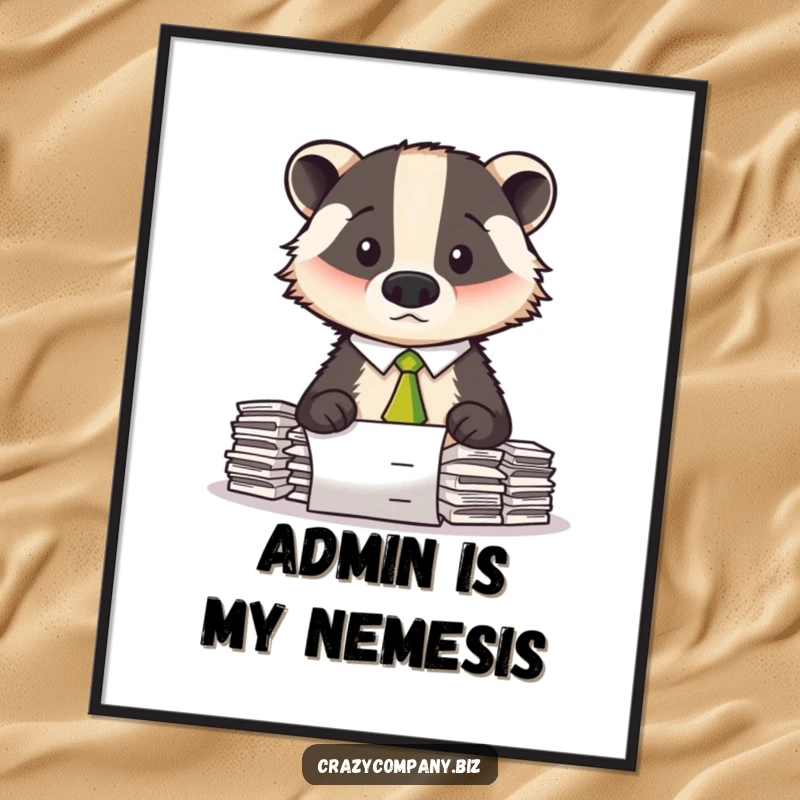 Funny poster art of a confused badger in a mini tie, buried under a huge stack of office documents.