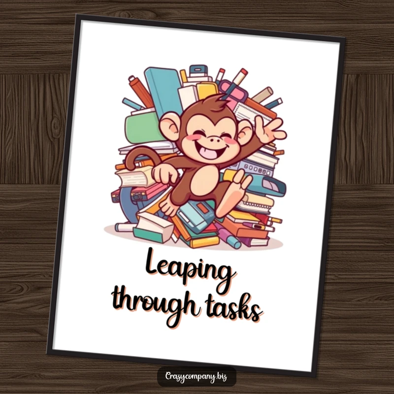 Funny poster of a chattering monkey with a mischievous grin, mid-leap through oversized office supplies, adding wild, humorous energy.