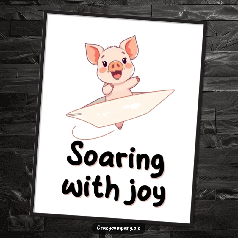 Funny poster art of a delighted piglet bravely riding a giant, precarious paper airplane mid-flight.