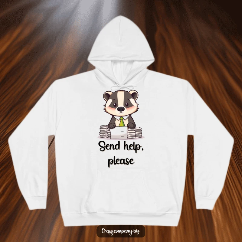 Funny hoodie showcasing a stressed badger in a crooked tie, surrounded by overwhelming stacks of paperwork.