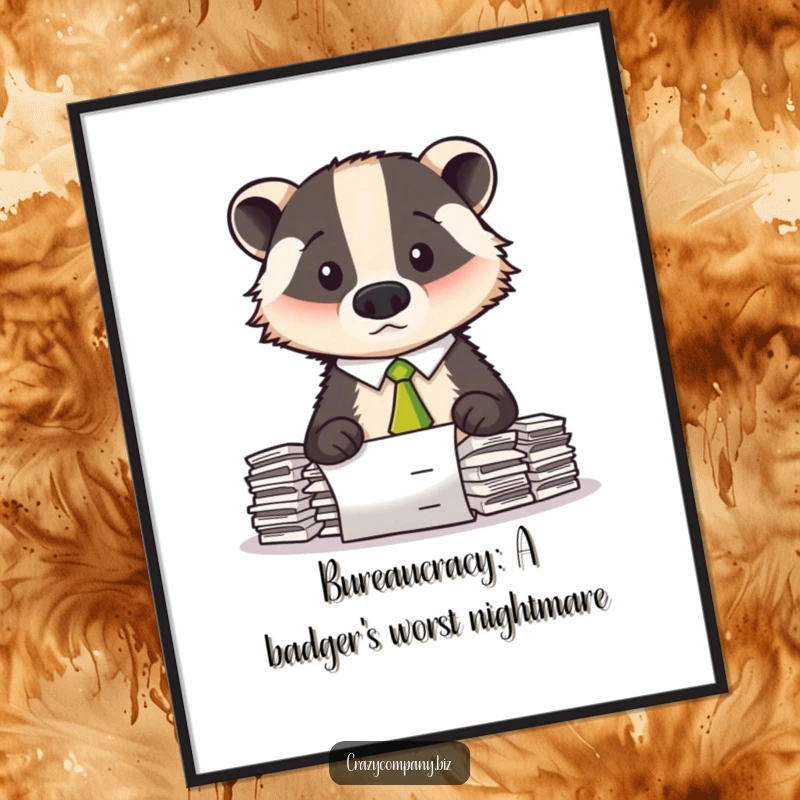Funny Free Printable Wall Art: Confused badger wearing a tiny, crooked tie stares blankly at a mountain of paperwork.