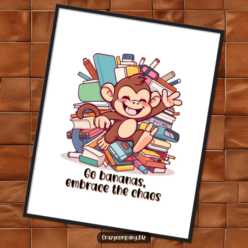 Funny Free Printable Wall Art: A grinning monkey leaping energetically through a heap of oversized office items.