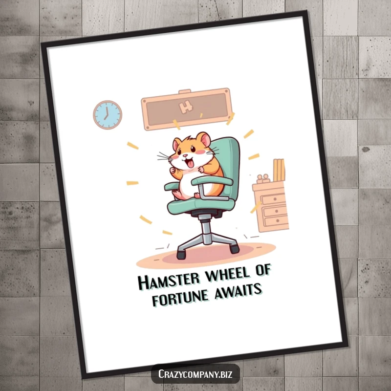 Funny Free Printable Wall Art: A frantic hamster spinning uncontrollably on a large, rotating office chair.