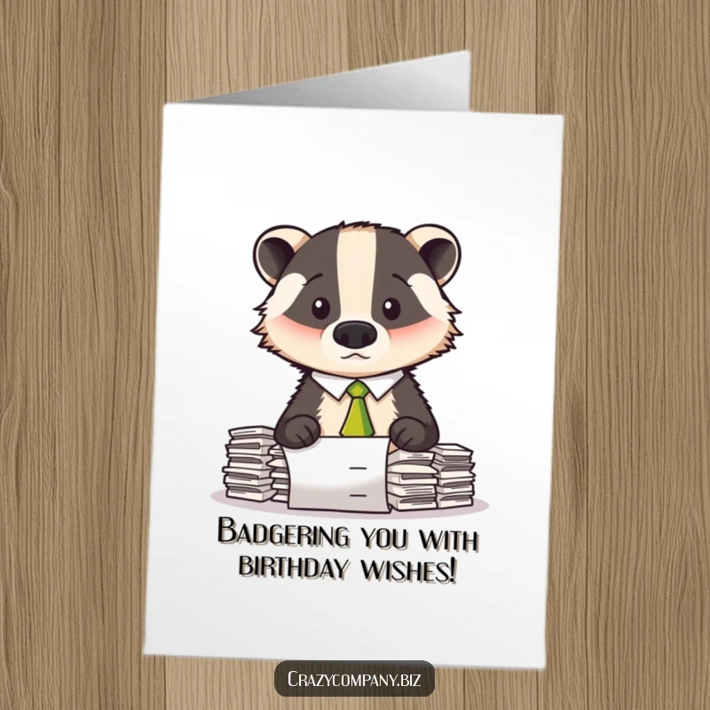 Funny Free Printable Birthday Card: Confused badger in crooked tie overwhelmed by paperwork pile, perfect DIY gift.