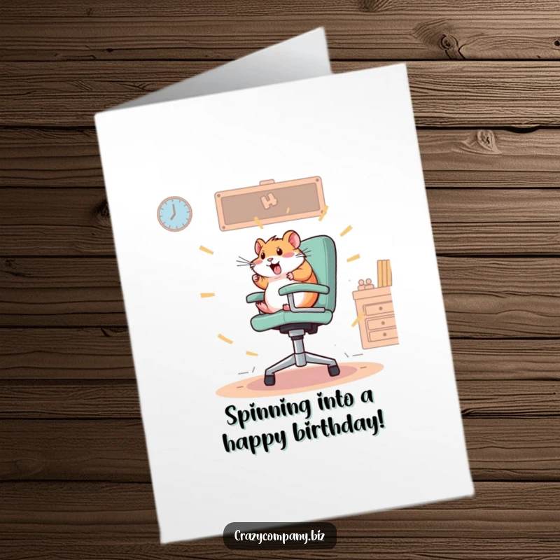 Funny Free Printable Birthday Card: Frantic hamster spinning wildly on a large office chair.