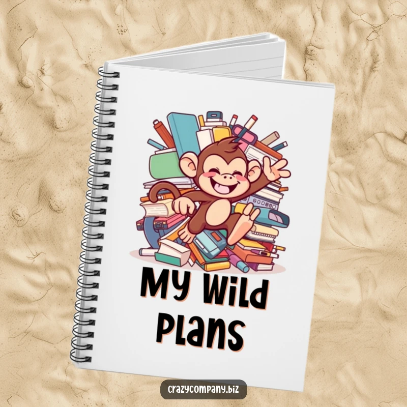 Funny notebook with a chattering monkey and mischievous grin leaping through oversized office supplies, perfect for capturing chaotic ideas.