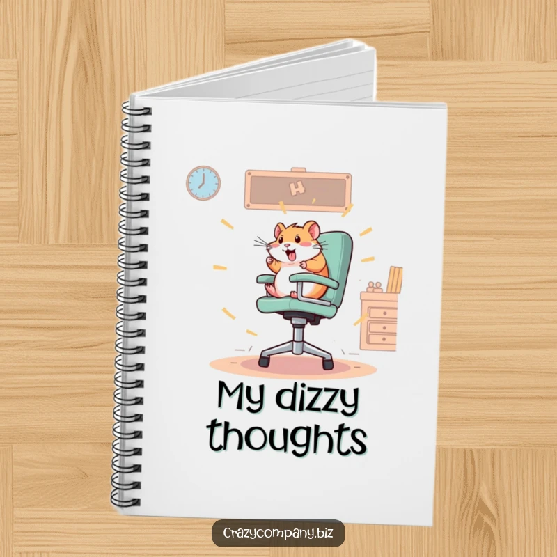 Funny notebook with a frantic hamster spinning wildly on an oversized office chair, perfect for capturing energetic ideas.
