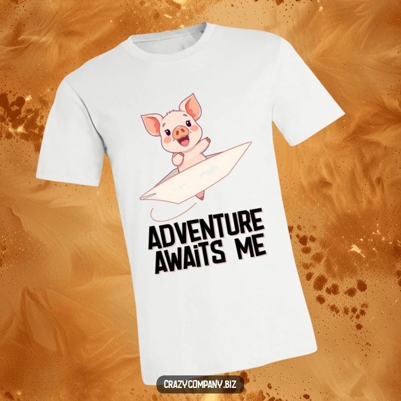 Funny t-shirt print of a happy piglet joyfully attempting to pilot a giant, wobbly paper airplane.