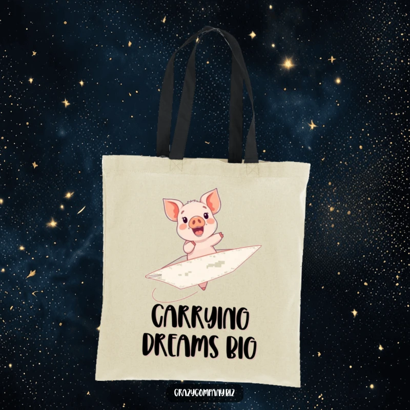 Funny tote bag depicting a very happy piglet attempting to steer a large, wobbling paper airplane.